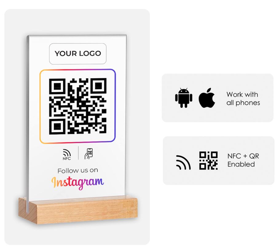 Dual NFC Enabled & QR Code Acrylic Stand with Wooden Base - 6x8 Inches Display Size