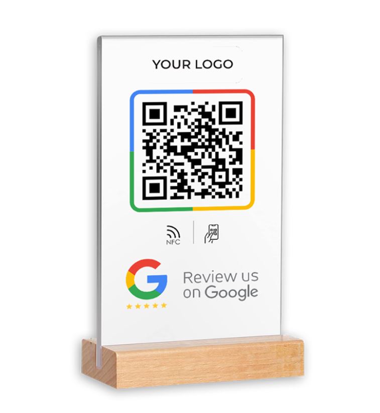 Dual NFC Enabled & QR Code Acrylic Stand with Wooden Base - 6x8 Inches Display Size