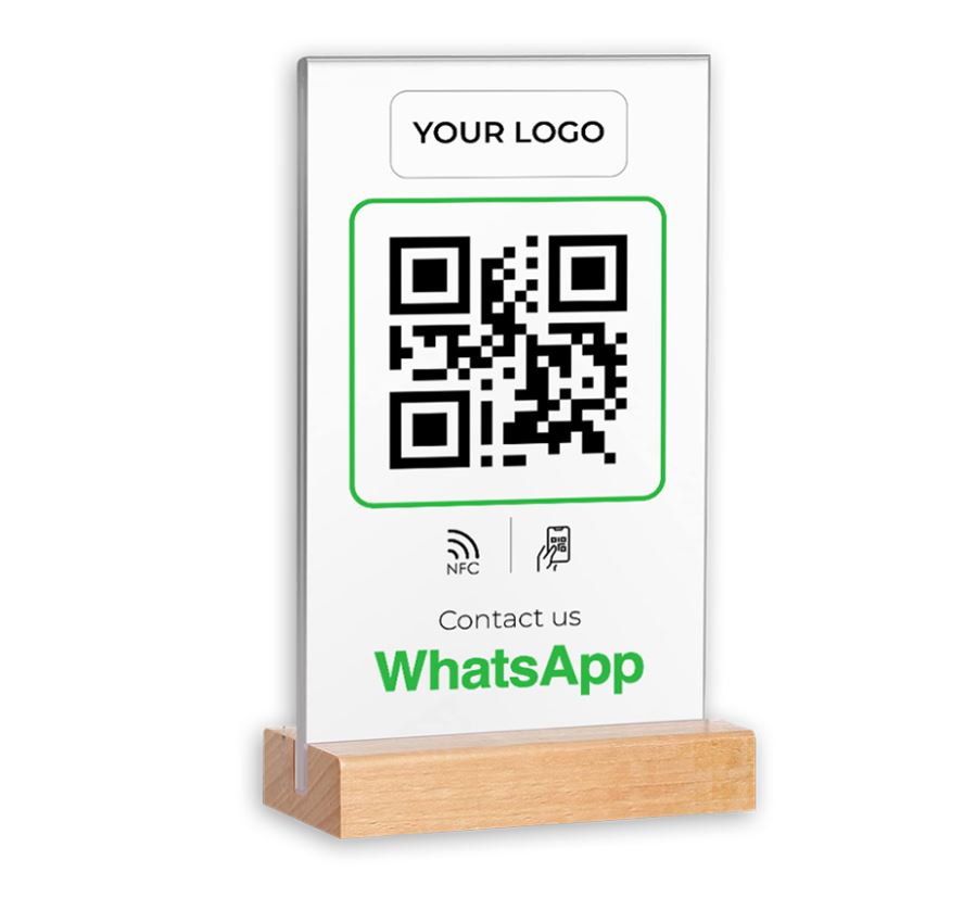 Dual NFC Enabled & QR Code Acrylic Stand with Wooden Base - 6x8 Inches Display Size