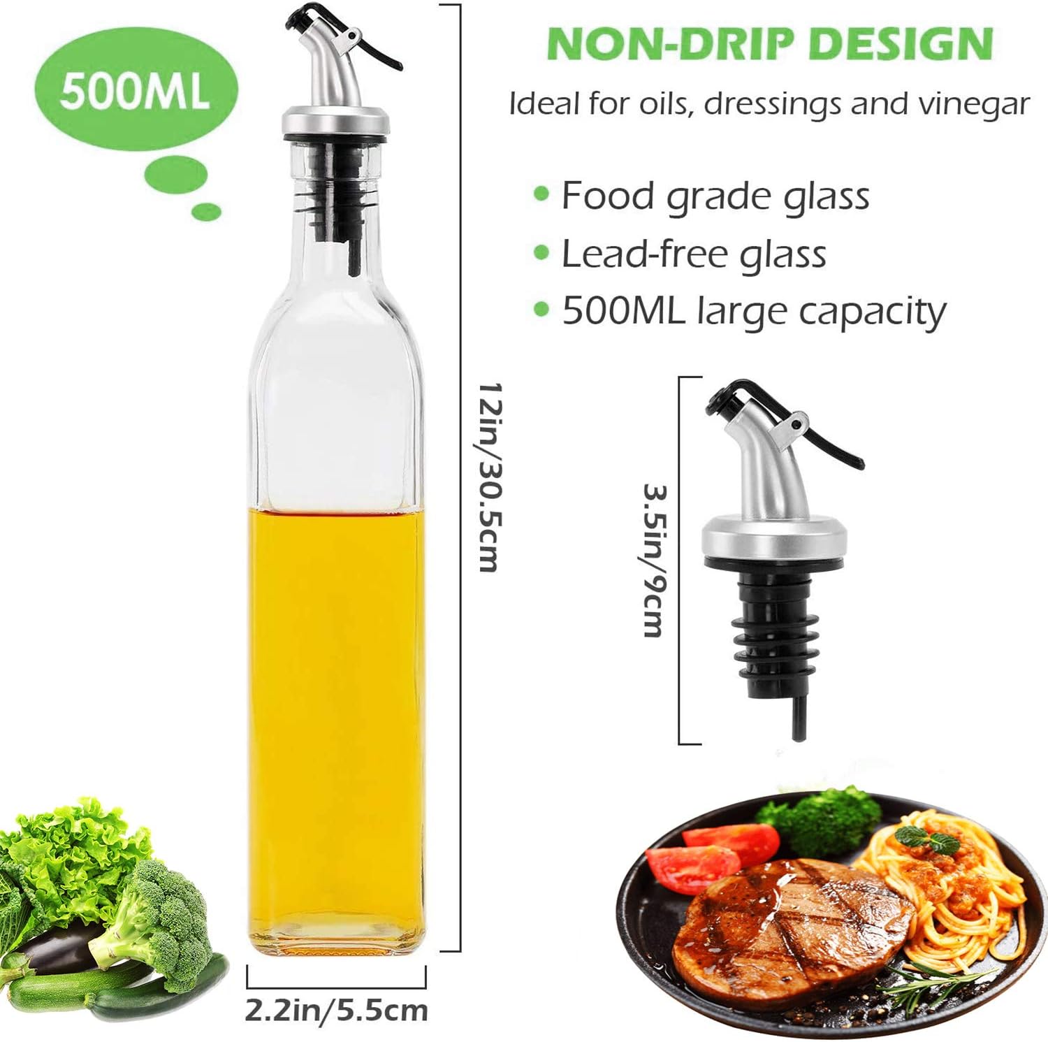 Tall Glass Dispenser Bottle for Oil, Vinegar and Condiments