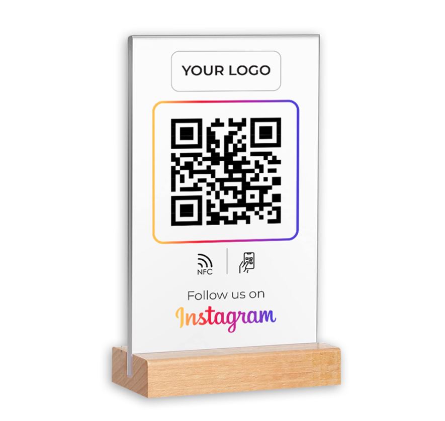 Dual NFC Enabled & QR Code Acrylic Stand with Wooden Base - 6x8 Inches Display Size